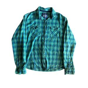 Counter Intelligence M Green Blue White Tartan Plain Flannel Button Up Shirt